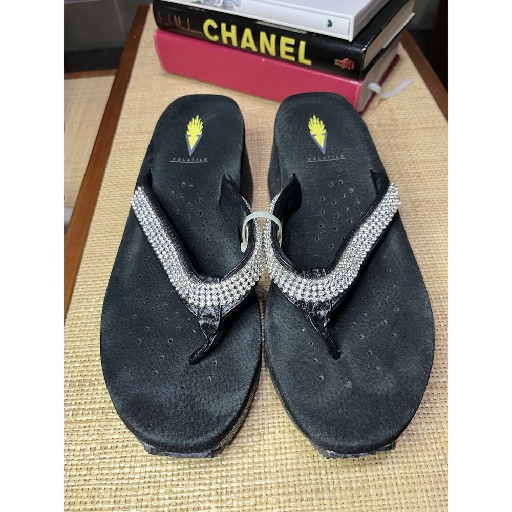 Volatile Size 9 Rhinestone Strap Black Wedge Sandals